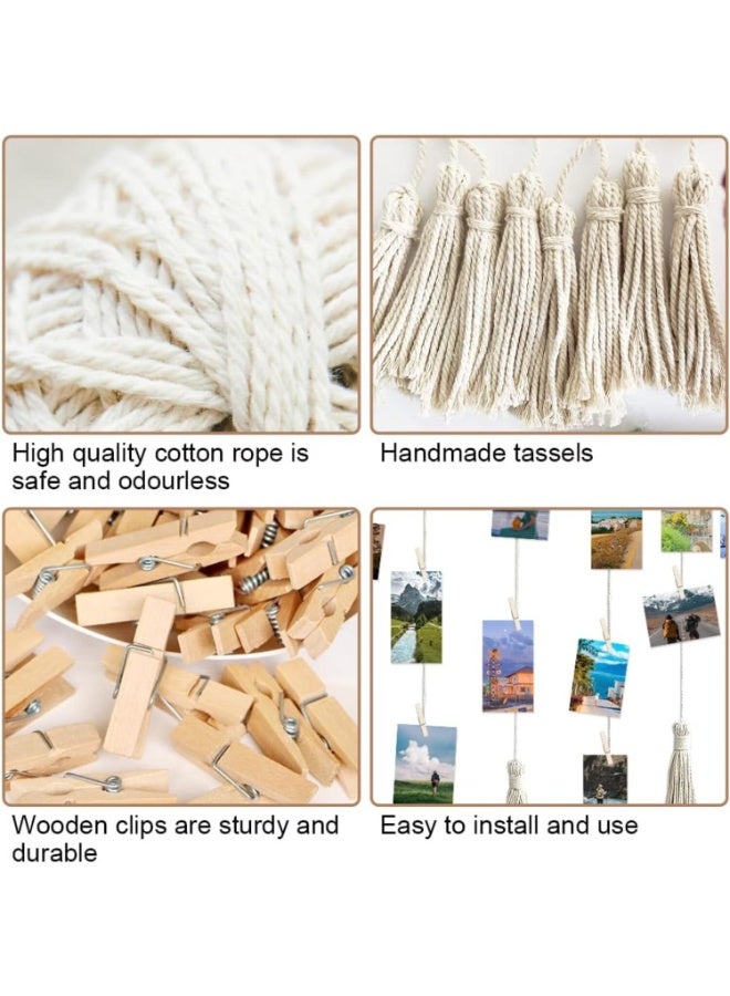 PTTIMFFM Macrame Photo Wall Display with Clips,  Picture Frame with 2 Strings and 40 Clips, Hanging Photo Rope for Wall Decoration, Boho Picture Display for Photos, Postcards and Collage, Bedroom and Living Room Decor(100×70 cm) - Image 3